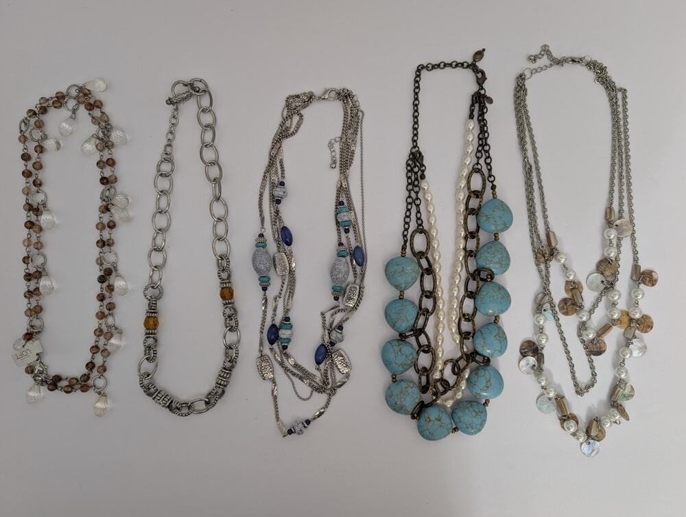 5 Necklaces Lot: Light Blue Veined Beads, Faux Pearl, Chunky Chain, Resale